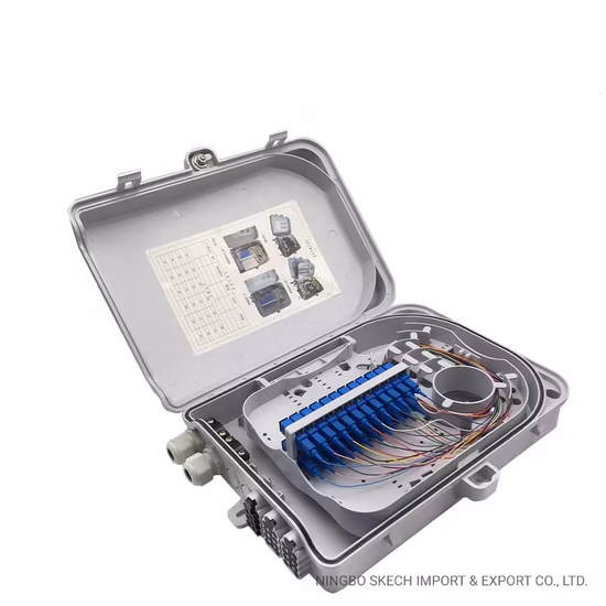 Scatola di distribuzione in fibra ottica Scatola terminale in fibra ottica FTTH a 24 core per splitter 1: 16/2: 8 Scatola in fibra per montaggio a parete 24 porte Fibre di uscita